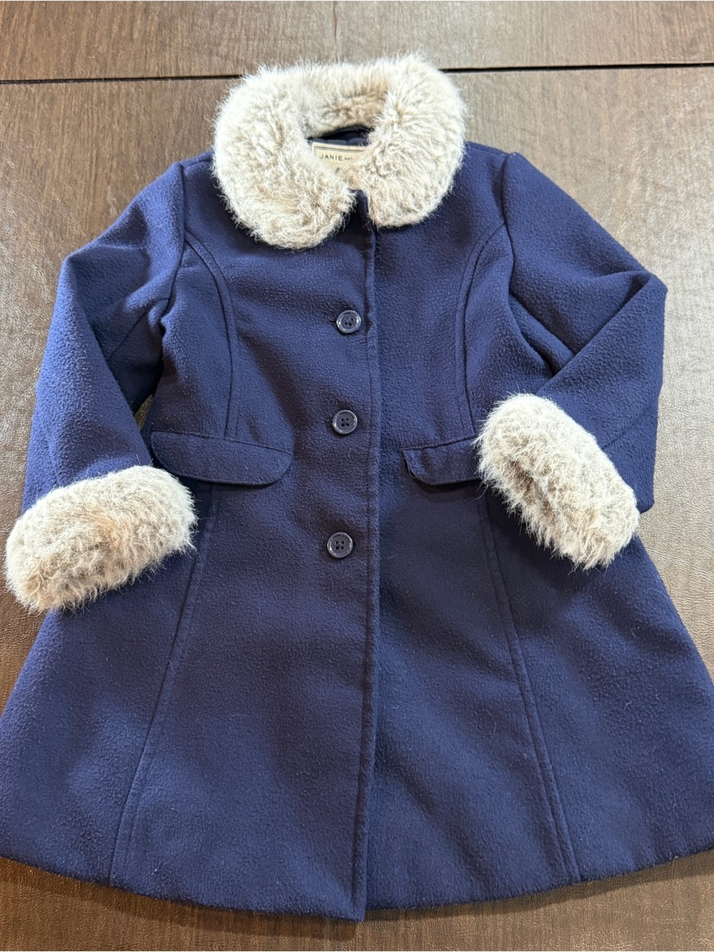 Janie and Jack Navy Coat with Beige Faux Fur Trim Sz 3